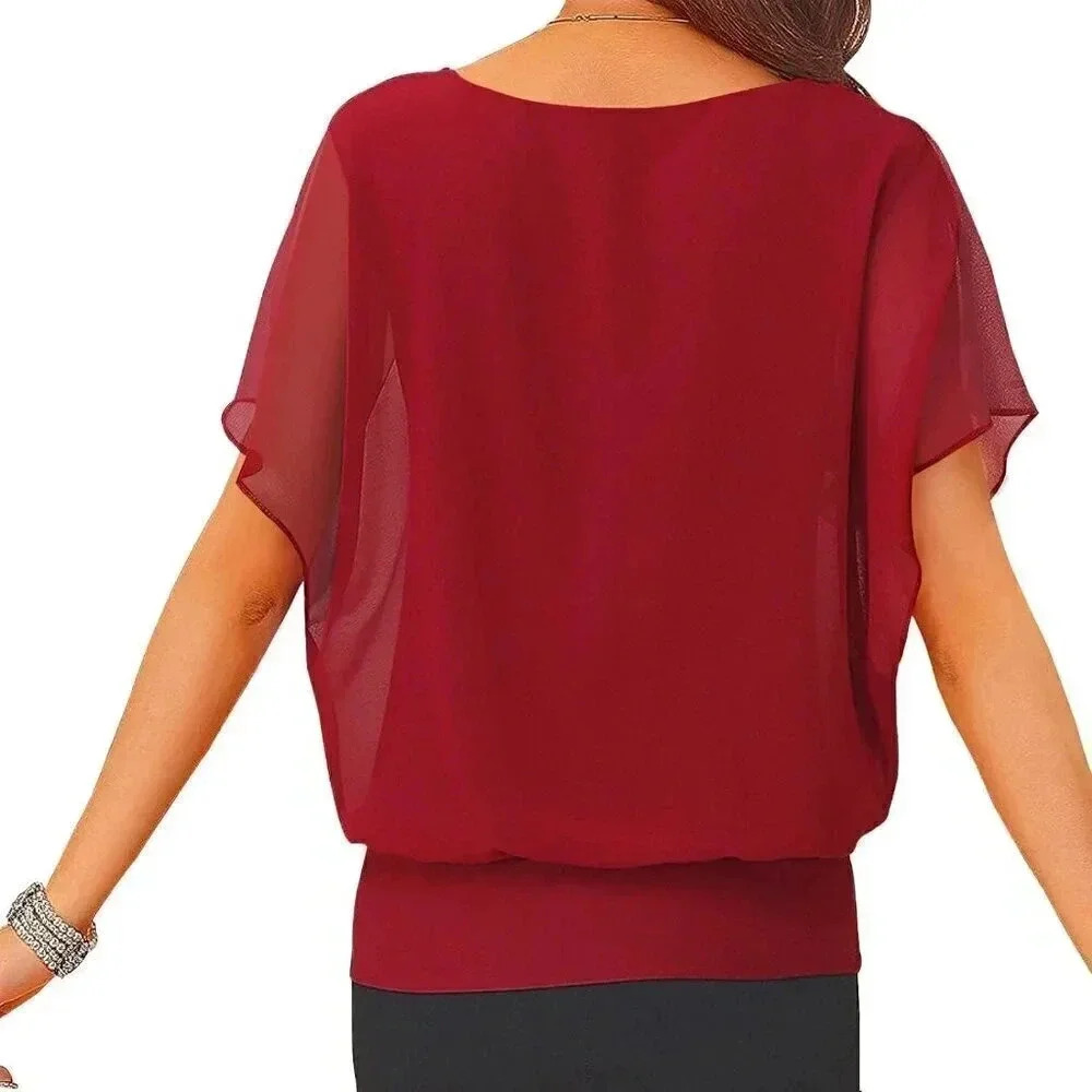 Chiffon Casual Tops for Women Ruffle Short Sleeve T Shirt Loose Blouse Top - Picture 2 of 4